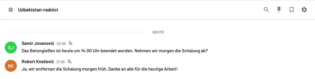 Chat mit Arbeitern aus Usbekistan: Die Nachricht auf Usbekisch erscheint auf Deutsch.