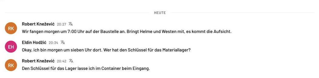 Chat eines Baustellenteams: Nachrichten auf Kroatisch und Türkisch, alle auf Deutsch angezeigt.