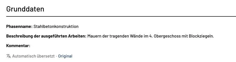Ein Tagesbericht, auf der Baustelle auf Kroatisch geschrieben, im Büro auf Deutsch gelesen.